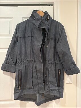 Striped Utility Jacket in Navy - Casual Drawstring Hem